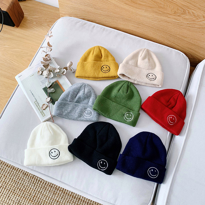 Baby woolen hat baby knitted hat boy and girl winter thickened smiling face hat super cute children's hat foreign style
