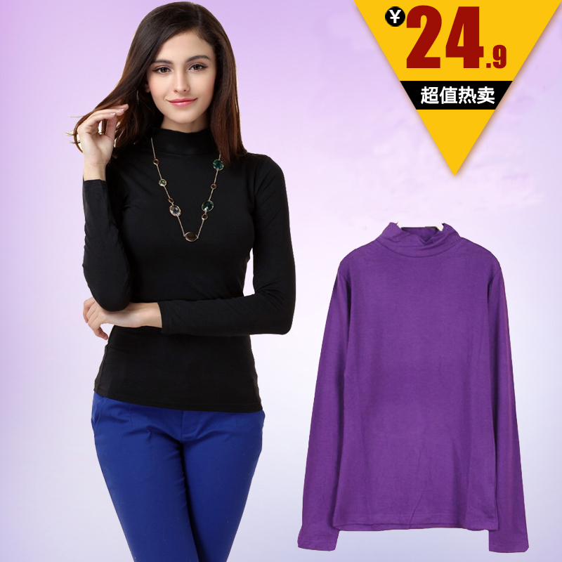 Long-sleeved T-shirt women's casual elastic running fitness clothing sweat-absorbing breathable self-cultivation mid-high collar solid color bottoming shirt