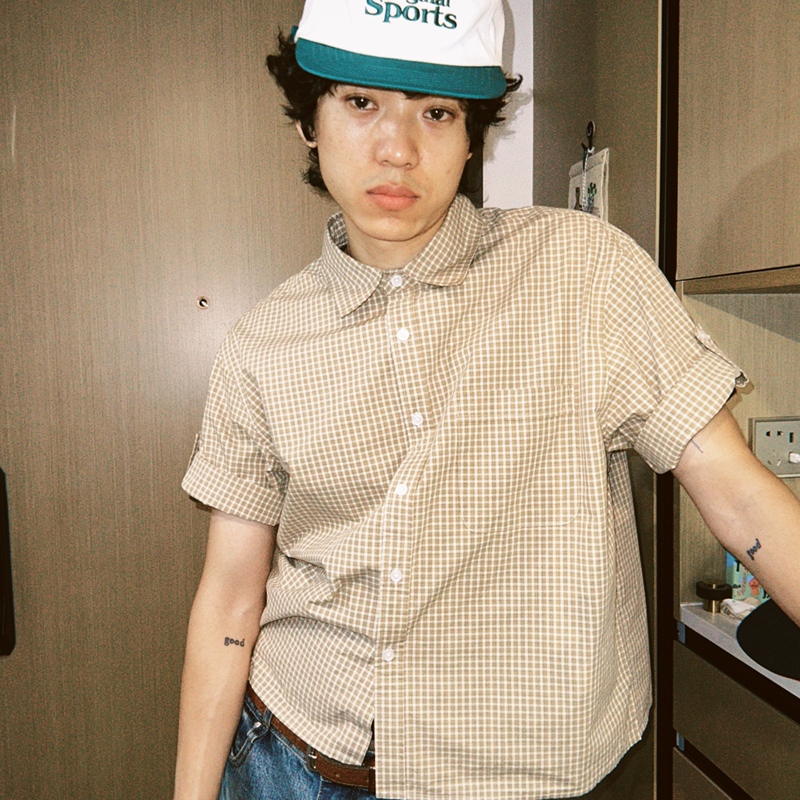 Mcmxciii Quality Cotton Camel Apricot Mist Blue Color-Blocked Plaid Japanese-Style Cuffed Sleeve Plaid Short-Sleeve Shirt