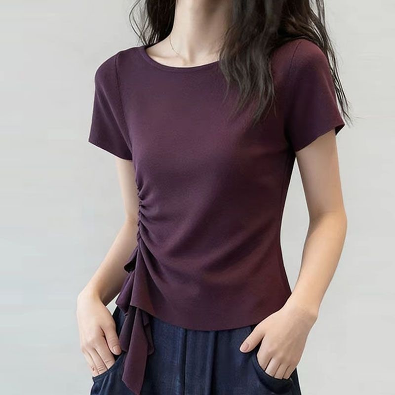 Plus-Size Women's Waist-Cinching, Tummy-Concealing, Slim-Fitting Top, Purple Short-Sleeve T-Shirt, 2026 Summer New Style, Large Size Women's Clothing