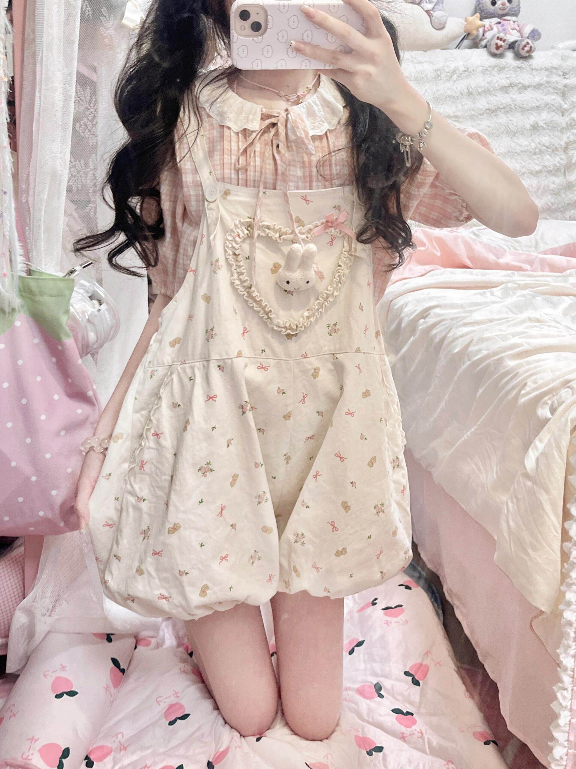 Alice ALUCE Original Cute Doll Collar Pink Shirt Womens Summer Rabbit Flower Bud Strap Pants Set