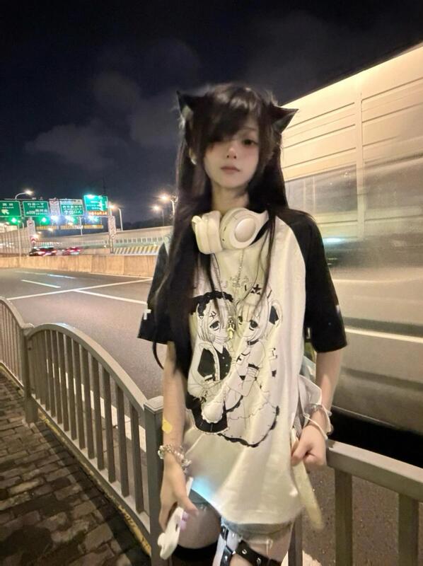 "Alice" Original Japanese Subculture Style Color-Blocking Short-Sleeve T-Shirt Summer Loose Round-Neck Top "Alice" Original Japanese Subculture Style Color-Blocking Short-Sleeve T-Shirt Summer Loose Round-Neck Top
