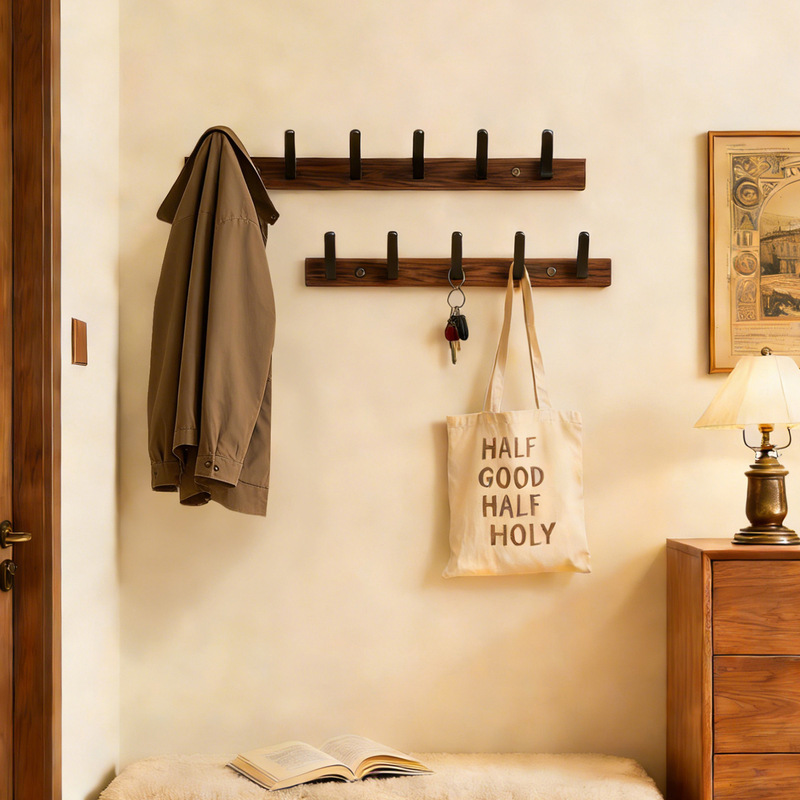 Solid Wood Adhesive Hooks for Hanging Clothes, No-Drill Door Hooks, Wall-Mounted Hooks for Entryway, Coat and Hat Hooks, Bathroom Hooks