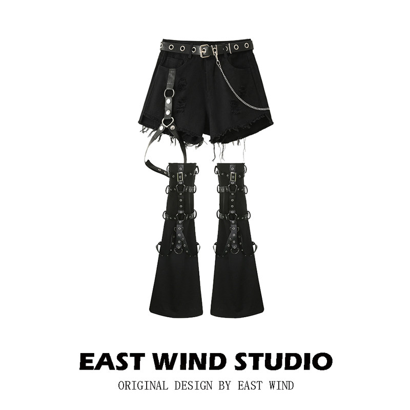 EAST WIND Dark Punk Style Distressed High-Waisted Jeans with Leather Buckle Leggings and Flared Stockings for Women