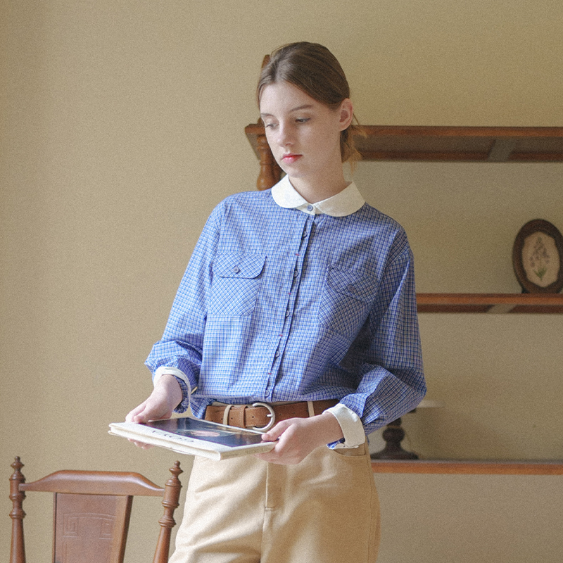Marchnoon Retro Miu Style Blue and White Plaid Shirt French Doll Collar Shirt Color-Blocking Versatile Top Marchnoon Retro Miu Style Blue and White Plaid Shirt French Doll Collar Shirt Color-Blocking Versatile Top
