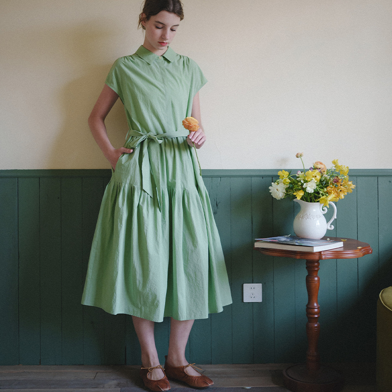 Marchnoon White Melon Green French Retro Dress, Pima Cotton, Large Hem, Short-Sleeved Shirt Dress