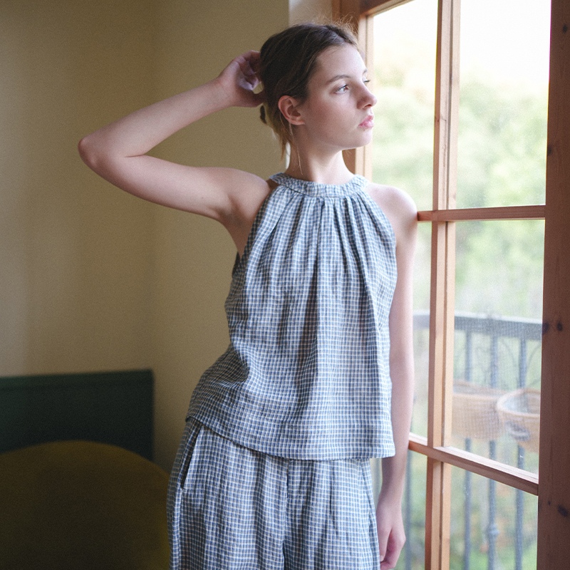 Marchnoon French Retro Plaid Shirt Linen Checkered A-Line Halter Top Slimming Sleeveless Blouse