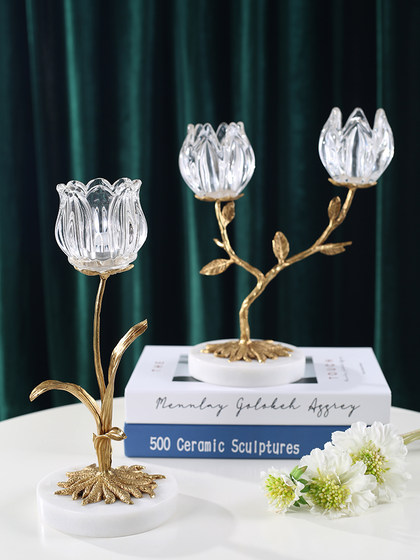 欧式轻奢蜡烛台摆件水晶玻璃铜大理石复古奢华家用浪漫餐桌装饰品