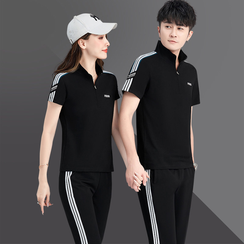 Clover Brand Summer Korean Style Couple Sports Suit Men's Short-Sleeve Casual Wear Two-Piece Set for Summer Running