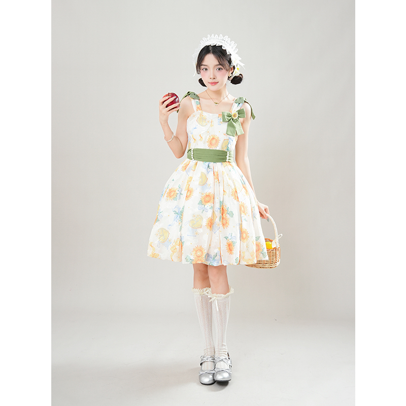 Summer New Style Tempered Sunflower Bud Skirt, Sweet and Elegant, Waist-Cinching, Bright Dress with Bow