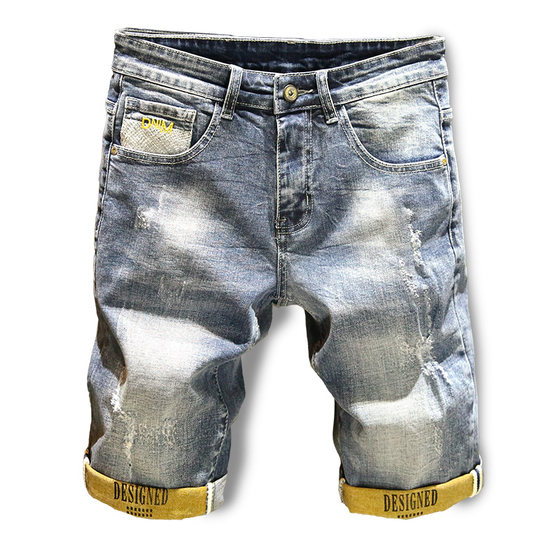 夏季破洞潮牌牛仔短裤男弹力中裤修身五分裤子韩版ins5分男裤薄款