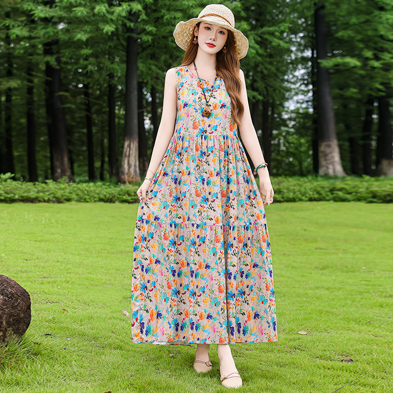 Western-Style Cotton Silk Dress 2025 New Women's Summer Classy Sleeveless Vest Dress Casual Vacation Style Beach Long Dress Western-Style Cotton Silk Dress 2025 New Women's Summer Classy Sleeveless Vest Dress Casual Vacation Style Beach Long Dress