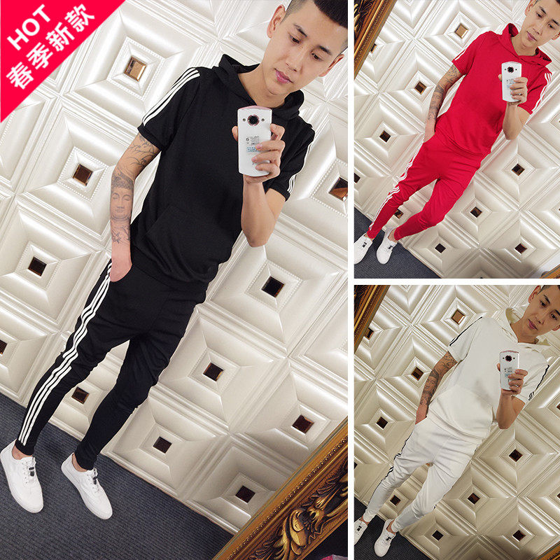 社会精神小伙快手红人网红同款春夏季短袖卫衣套装一套两件套男装