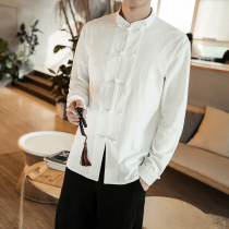 Spring long sleeve shirt Youth disc buckle Down dress Loose Big Code Pure Cotton Big Code Mens White Lining Chinese Tea Suit