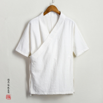 Retro China Wind Blouse Linen Male Slanted Cardiovert Chinese Style Improved Tang Dress Man Short Sleeve Cotton Numb Zen Seater