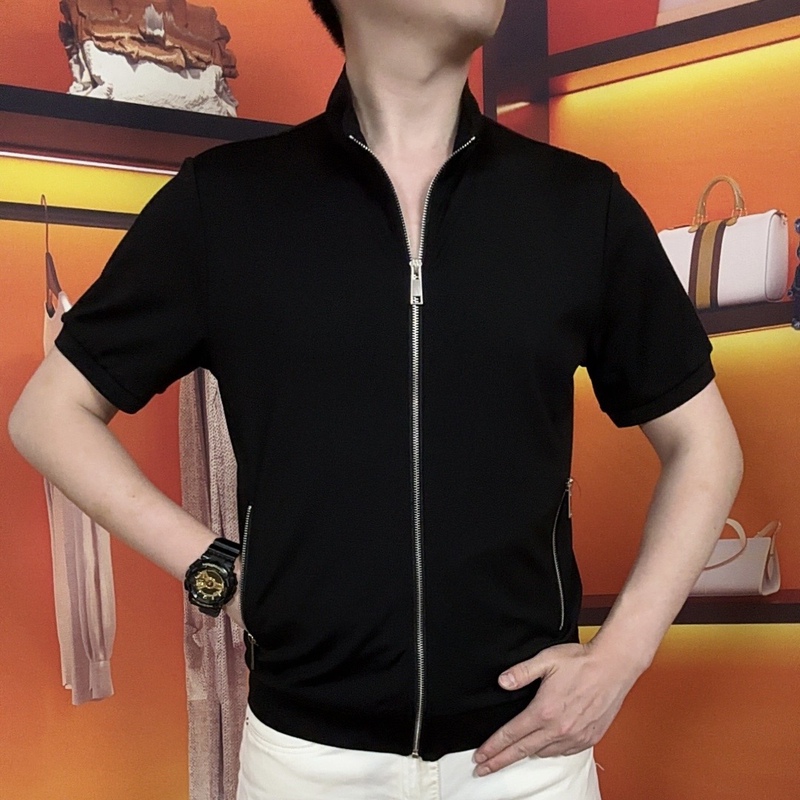 Summer Men's High-Quality Stand-Up Collar Ice Silk Short-Sleeve Cardigan Solid Color Hot-Selling New Zipper Cardigan Thin T-Shirt