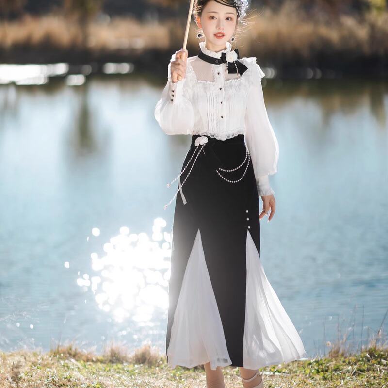 Original Unknown Lolita Dress Palace Retro Stand-Up Collar Shirt Lace Leg Sleeves Long Sleeves Lolita Inner Wear