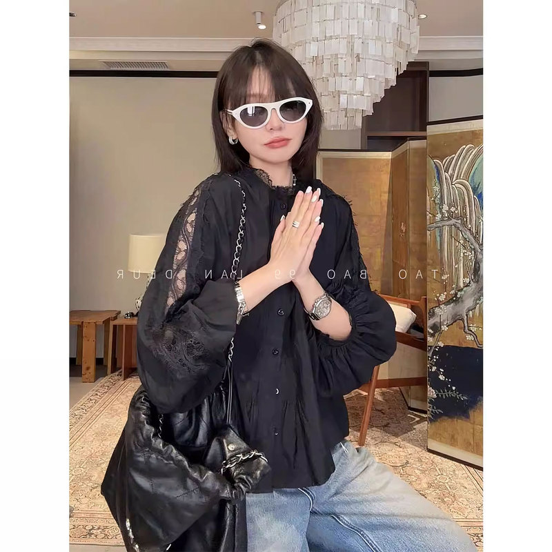 【Mountain Poetry】French-Style Elegant and High-End Thin Lace Round-Neck Shirt for Women, Loose and Slimming Top for Spring and Summer