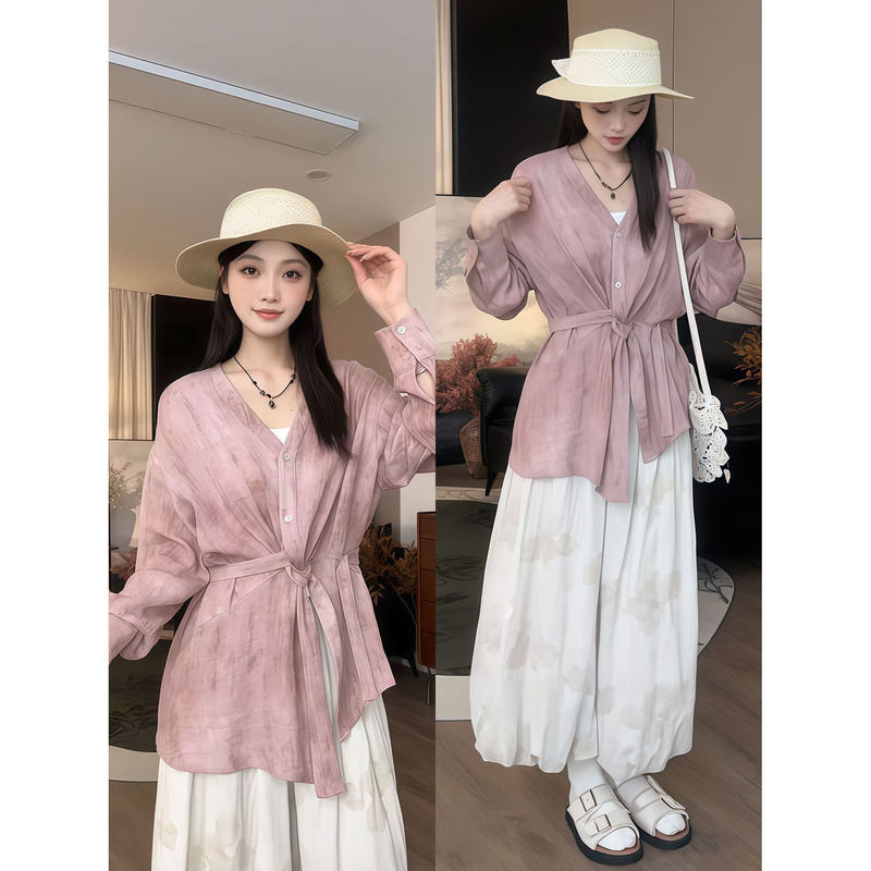 Spring Outfit in New Chinese Style: a Complete Set of Feminine V-Neck Tie-Dye Waist-Cinching Shirt and Casual Lantern Wide-Leg Pants