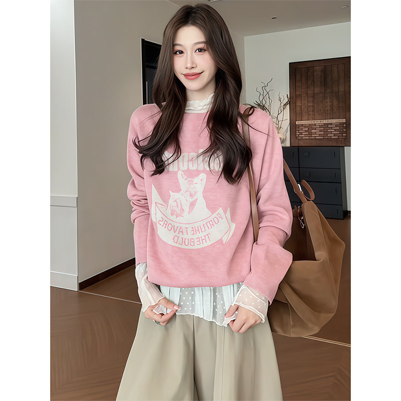 Korean-Style Pink Ghost Print Knit Sweater for Women, Autumn Lazy Loose Pullover Sweater, Layered Stylish Inner Top