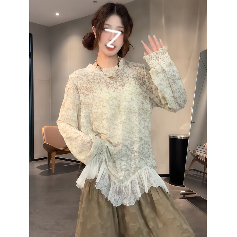 French-Style Floral Base Layer Half-High Collar Mesh Spliced Lace Blouse for Women, Autumn and Winter Lace Trim Slimming Layered Long-Sleeve Top