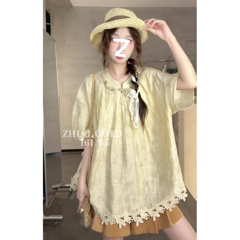 Purple Chinese-Style Retro Hem Lace Short-Sleeve Shirt for Women, Summer Fashion, Loose Fit, Slimming Shirt, Versatile Top Purple Chinese-Style Retro Hem Lace Short-Sleeve Shirt for Women, Summer Fashion, Loose Fit, Slimming Shirt, Versatile Top