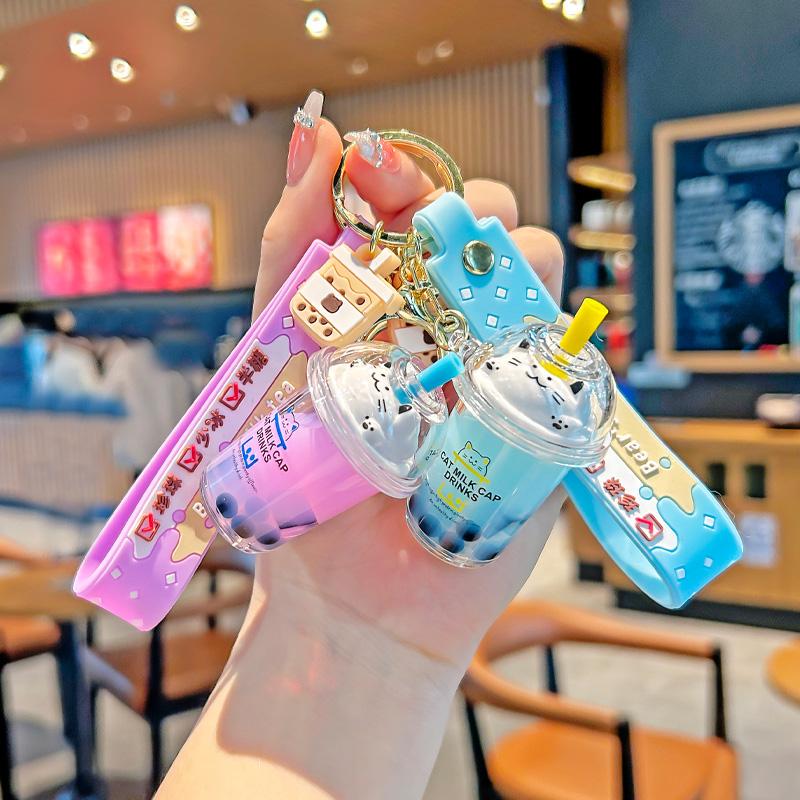 Creative Cute Cat Milk Tea Cup Oil-Filled Keychain Internet Celebrity ins Style Student Backpack Pendant Couple Small Gift