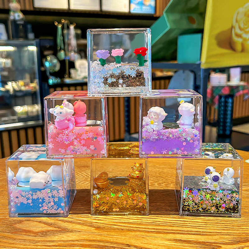 2026 Creative Square Brick Acrylic Liquid Sand Oil Filled Ornament Large Cube Exquisite Girly Desktop Decoration Small Gift