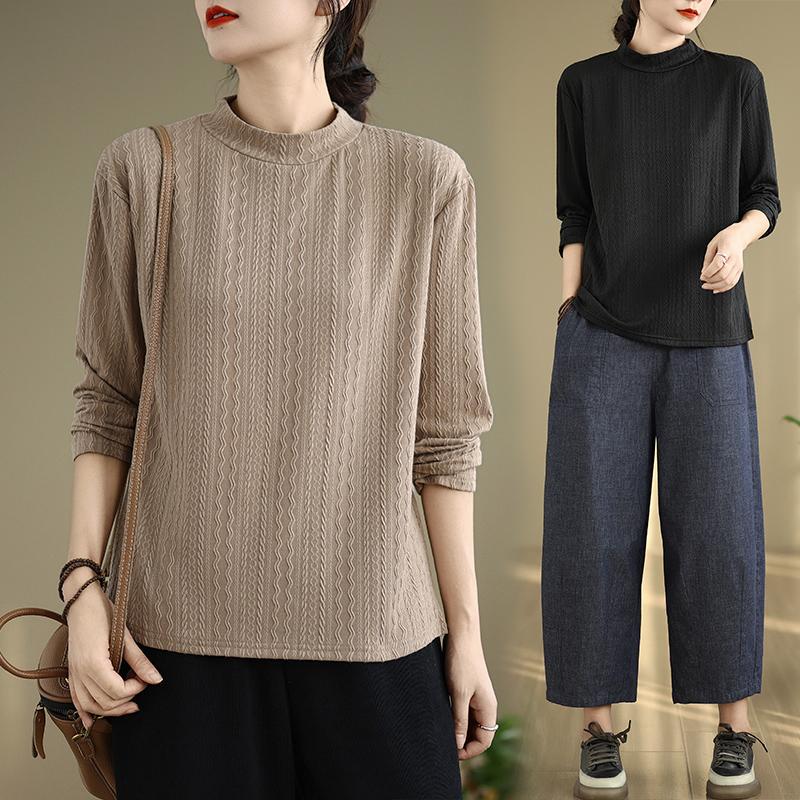 Real Shot of Fat Girl's Large Size Retro Jacquard Bottoming Shirt Autumn and Winter New Style Slimming Look High Collar Long-Sleeved Knitted Top