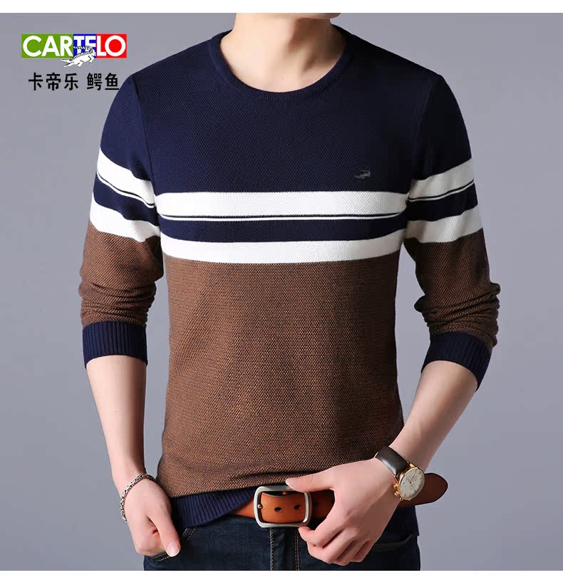 Áo len nam hàn quốc mùa thu đông mới xu hướng cổ tròn sọc áo len trẻ trung Áo len mỏng nam - Kéo qua shop quần áo nam