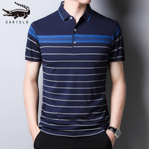 Crocodile Short Sleeve T-shirt men summer middle-aged striped-over cotton polo men loose leisure ice wire T-shirt