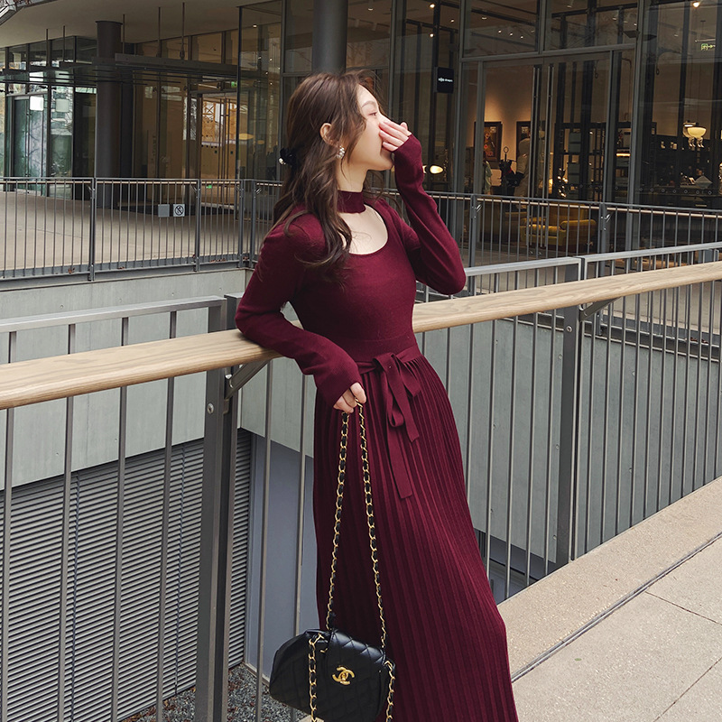 GROS SNIDEL2021 spring repair with low breast dress wool skirt hem Fold Temperament High Waist Round Neckline Long Skirt