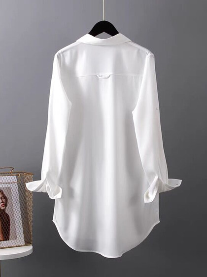 中长款男友风白衬衫睡衣女夏冰丝宽松百搭叠穿长袖防晒衫打底上衣