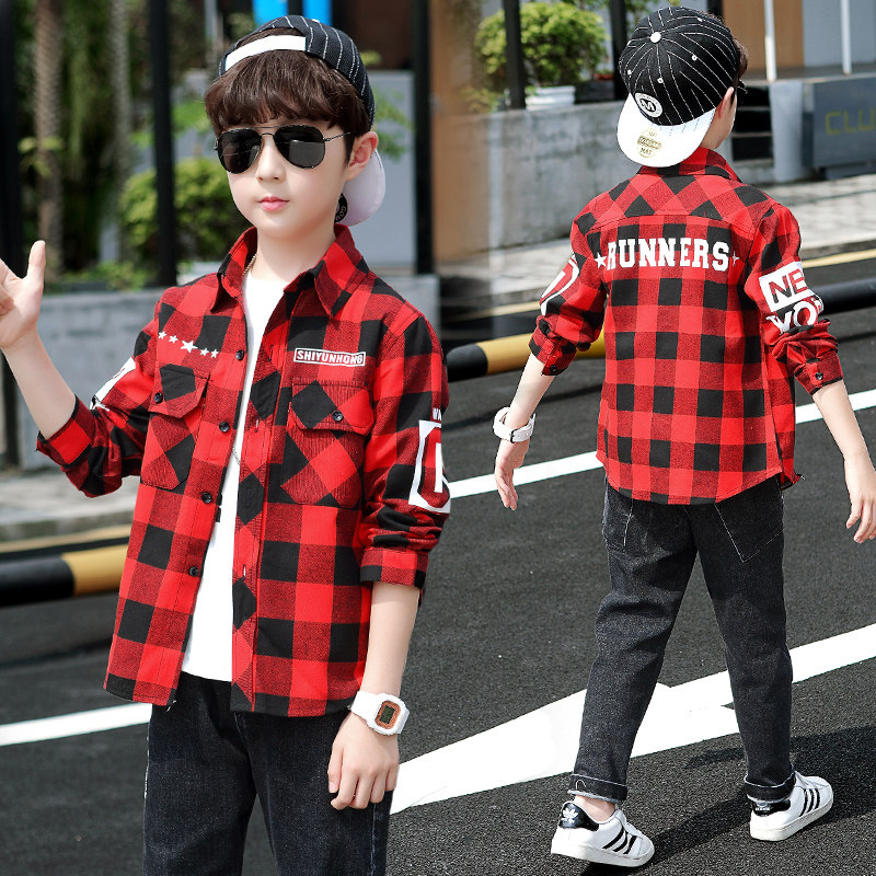 Boy shirt Spring and Autumn 2023 new Han tide 8 in the big boy red plate shirt 10 boy handsome coat