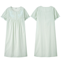 Dalli nightgown womens summer short-sleeved embroidered round neck thin woven pure cotton breathable home wear pullover loose pajama dress
