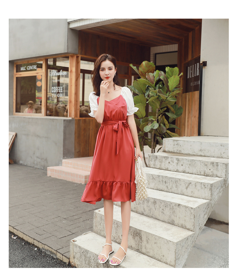 VK旗艦店 韓系拼接袖V領綁帶收腰顯瘦荷葉邊短袖洋裝
