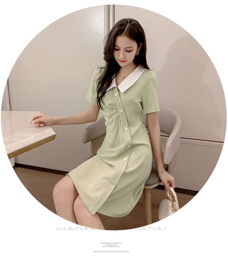 VK旗艦店 韓國風翻領單排扣不規則氣質顯瘦短袖洋裝