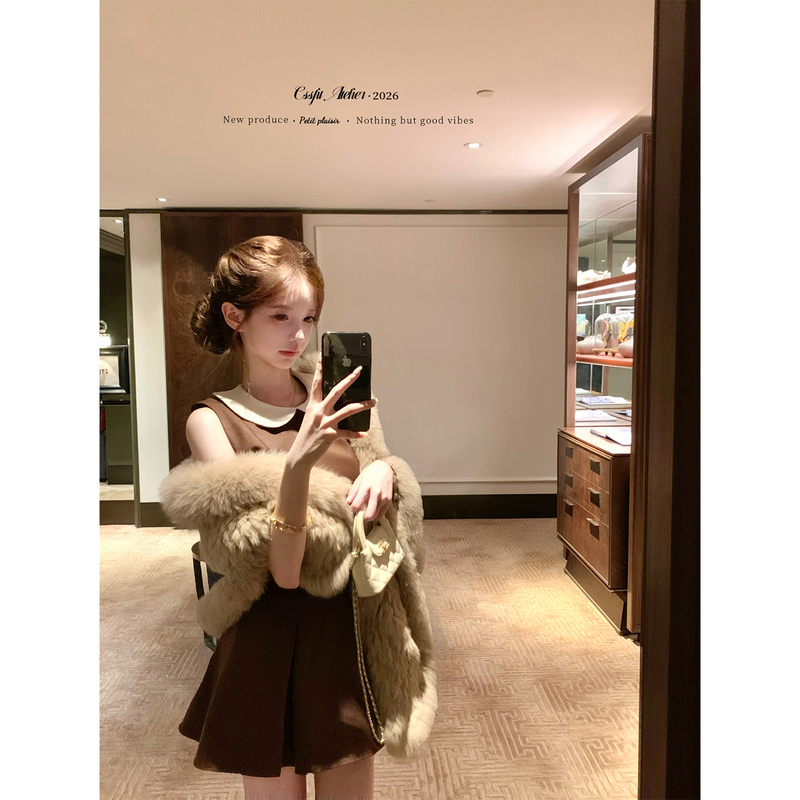 Chisansan 26/Ss Collection Chestnut Miu-Style Coffee-Colored Double-Breasted Peter Pan Collar Dress Sleeveless/Three-Quarter Sleeve Chisansan 26/Ss Collection Chestnut Miu-Style Coffee-Colored Double-Breasted Peter Pan Collar Dress Sleeveless/Three-Quarter Sleeve