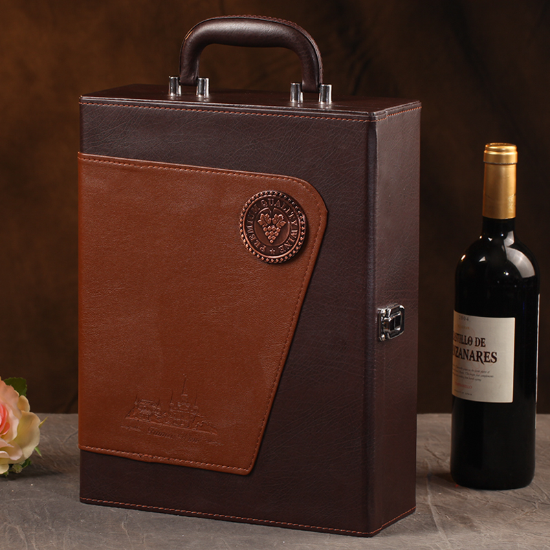 Custom red wine box packaging gift box double leather box wine box double high-end wine box portable wine packaging