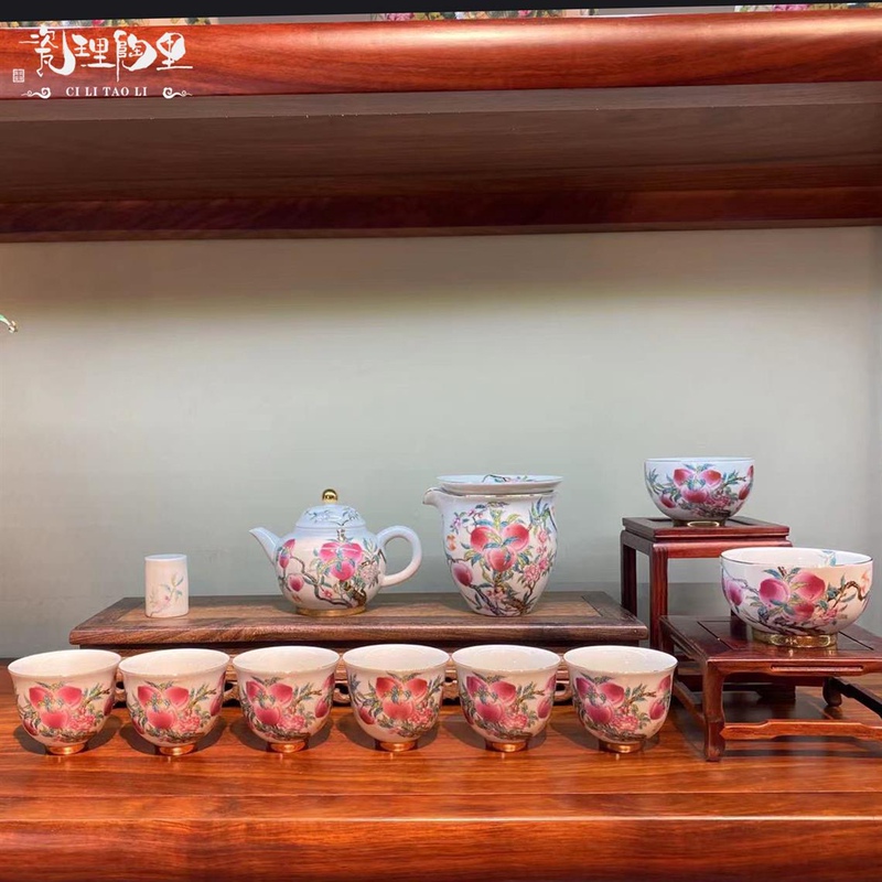 Porcelain and Clay Nine Peach Five Blessings Complete Kung Fu Tea Set, Chinese Retro Style Ceramic Exquisite Gift Tea Set in Gift Box