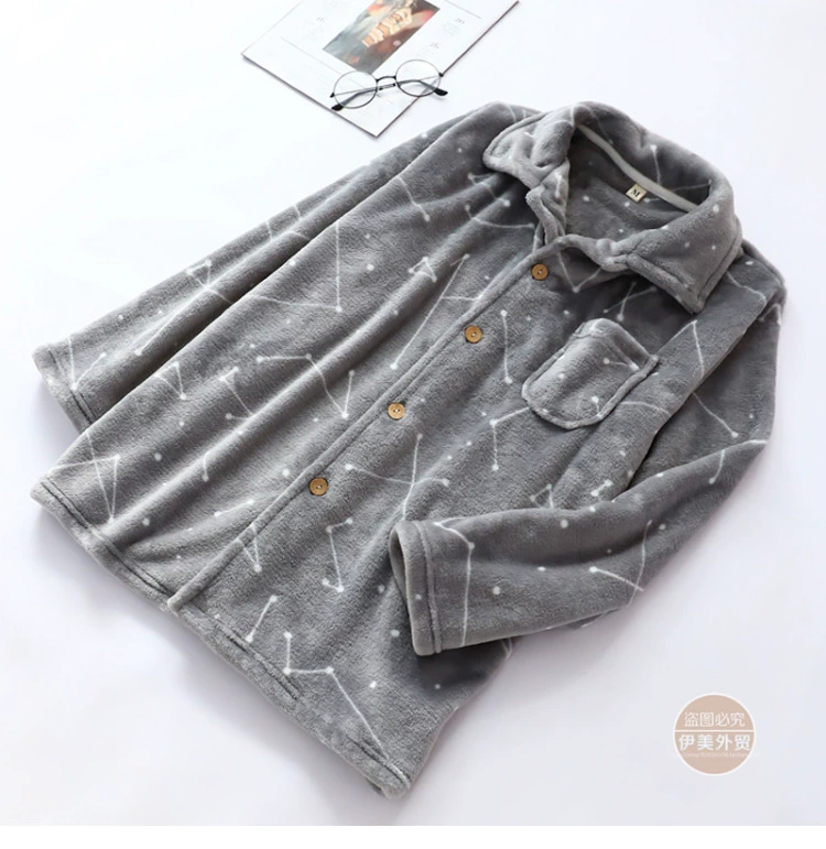 Đồ ngủ nam mùa thu đông flannel một mảnh áo sơ mi nhà dịch vụ dài tay nhung nhung dày ấm áp cộng với áo len nhung