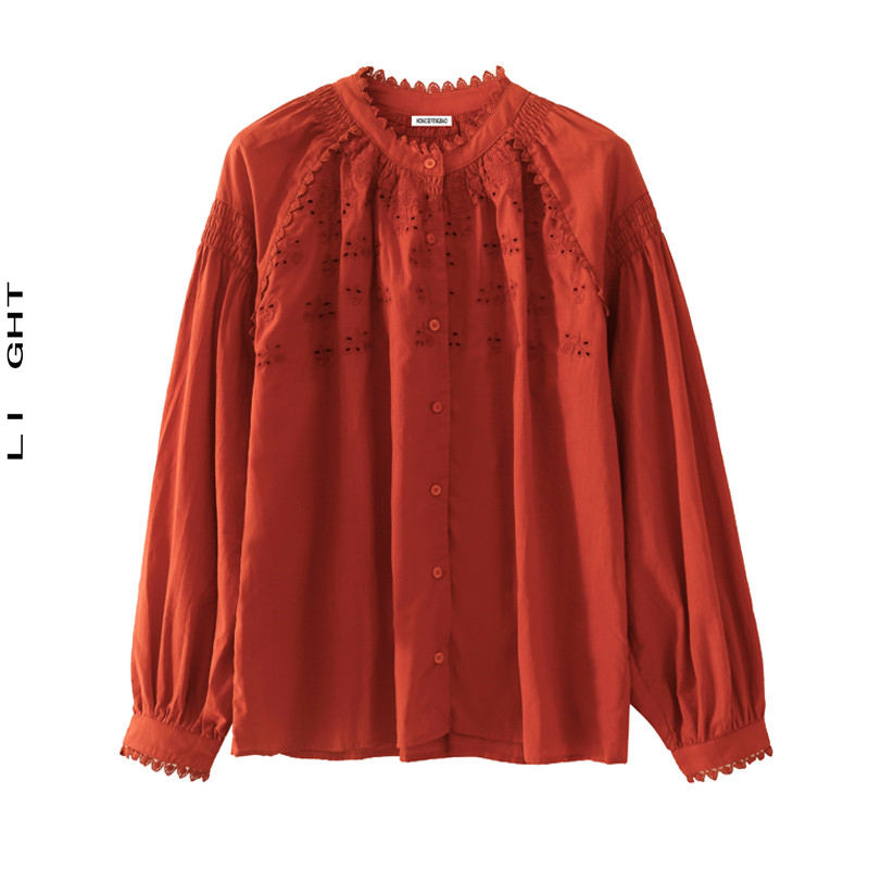 现货LI GHT法式衬衫女2025年秋季新款复古设计感缕空刺绣长袖上衣