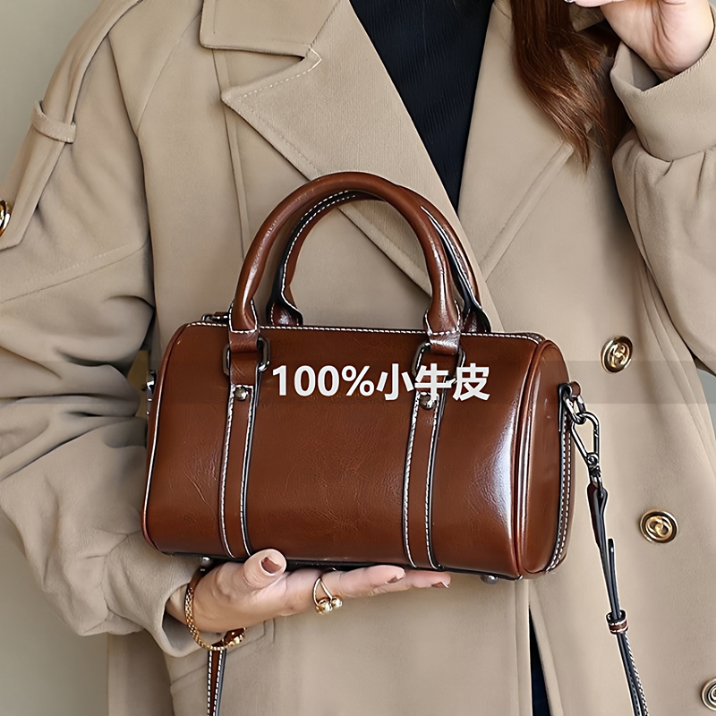 New Style Cowhide Shoulder Crossbody Handbag, Elegant, Casual, Versatile, Genuine Leather Boston Women's Bag, Trendy and Simple