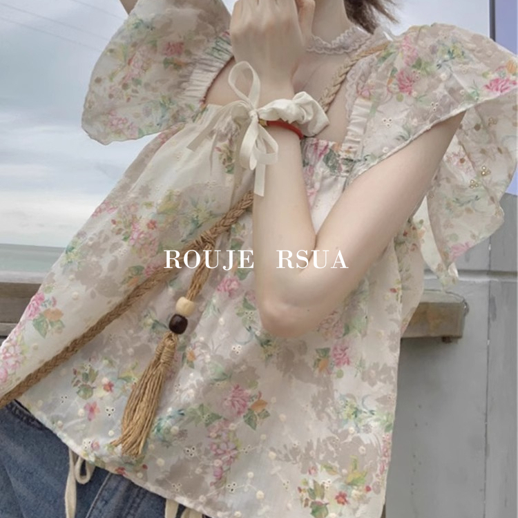 Rouje Rsua French-Style High-End Doll Shirt with Heavy Embroidery Floral Shirt Women's Square Neck Flutter Sleeve Tank Top
