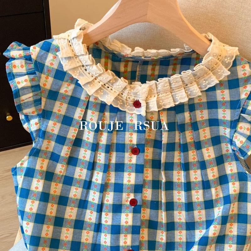 Rouje Rsua French Style Vest Shirt for Women, Summer Plaid Vest Top, Sweet Floral Lace Splicing Short Sleeves