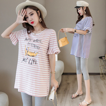 Pregnant woman summer dress suit 2021 new striped printed blouse T-shirt seven-part pants short sleeve long sleeves in two sets