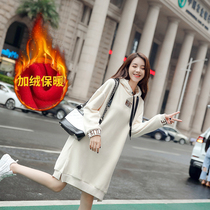 Pregnant woman Liondress 2019 autumn and winter style Gardown thickened loose Even hat blouses in winter fashion Fashion medium long pregnant woman dress