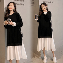 Pregnant womens spring clothing European and American fairy dresses fashion money nets red tides spicy moms personality foreign air fake two pregnant women dress dress