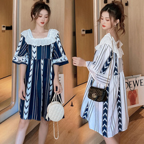 Net red pregnant woman with dress for dress summer clothes Korean version of lotus leaf side dolls hollowed-out dresses wave spicy moms summer