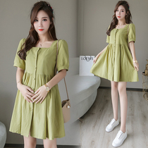 Pregnancy Woman Bottling 2021 Summer dress Dress Bull Oil Fruit Green Square Collar Skirt Net Red Ocean Air and Spicy Mother Summer Clothing